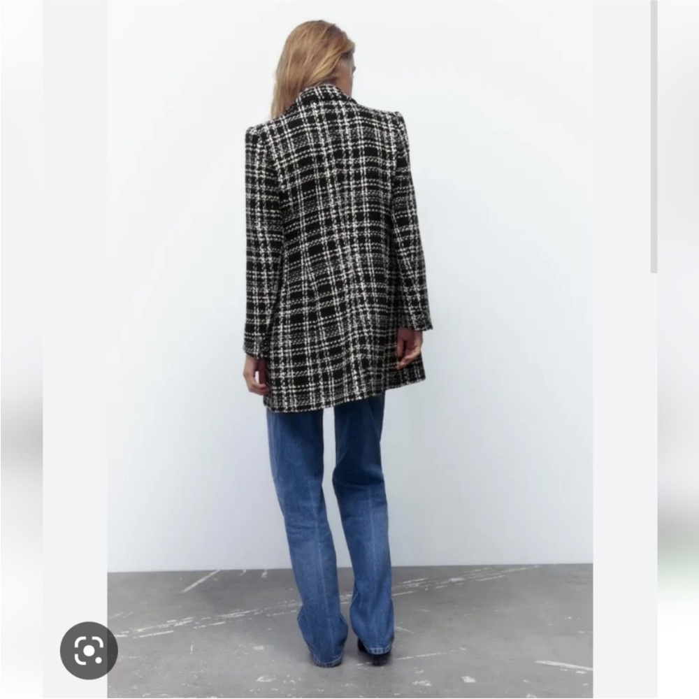 Zara Black and White Tweed Plaid Blazer Coat - Picture 3 of 12